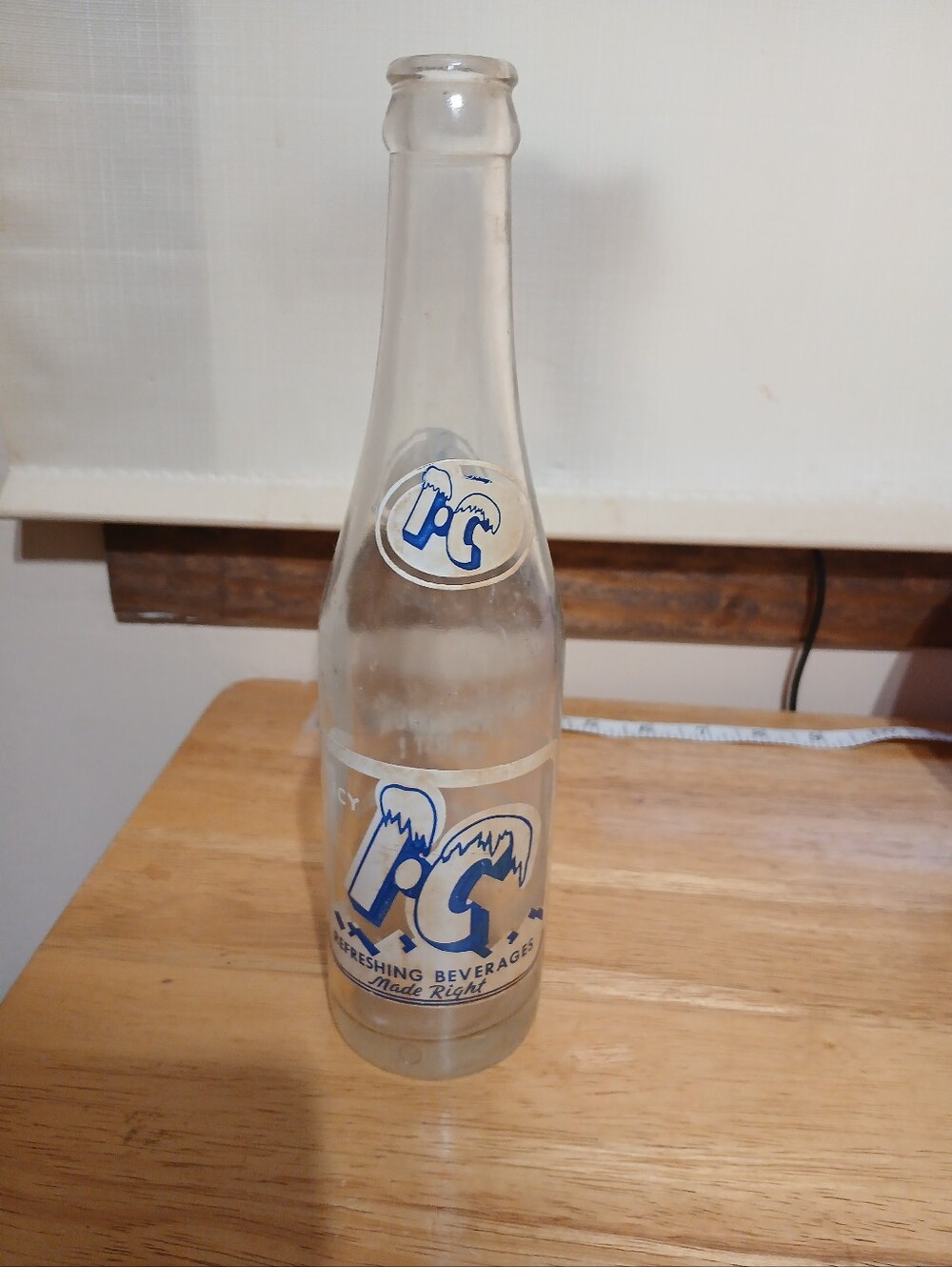 Vintage Blue Glass Beverage Bottle - Clear with Blue Logo